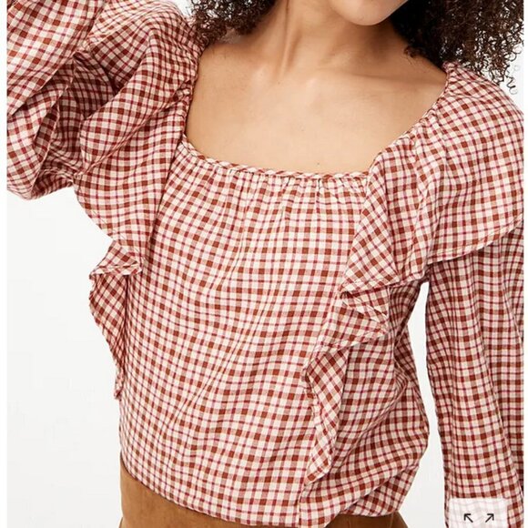 J. Crew Gingham Plaid Squareneck Ruffle Top, Red and Cream, XL - Picture 5 of 8